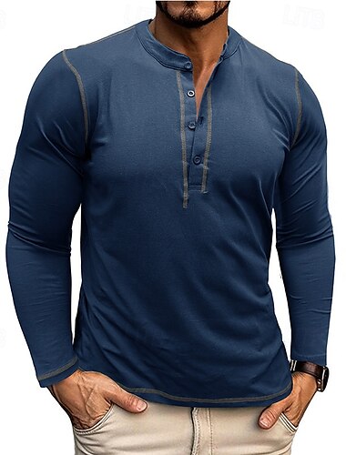  Homens Camiseta Botão Camiseta Camisa Henley Camisetas Manga Longa Henley Primavera & Outono Bloco de cor Moda Designer Básico Patchwork Férias Rua Para Noite Preto Branco Vinho Top Tee para Homens