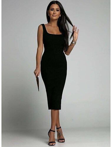  robe noire Robe unie Robe de cocktail noire Femme Robe mi-longue Accueil froid Plein Air Rendez-vous Décontractées Col Ras du Cou Sans Manches Standard Noir Blanche Bleu S M L XL 2XL