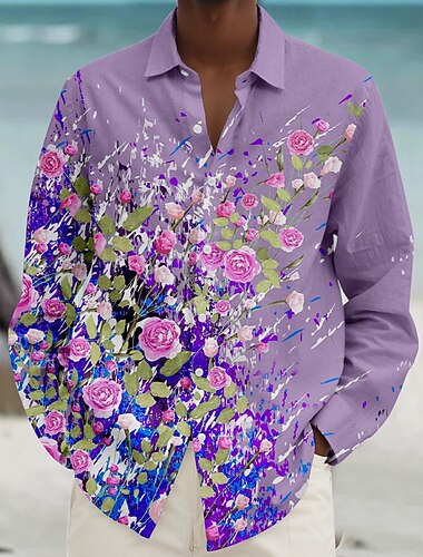  Pánské Květinový Plážová košile Košile na knoflíky Dlouhý rukáv Havajské Na běžné nošení Dovolená Denní Podzim Jaro léto Košile s límečkem 3D tisk Bílá Světlá růžová Vodní modrá Fialová Trávová zelená
