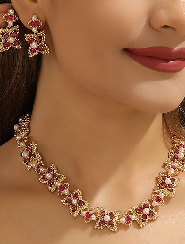  Nuptiales Parures 2 Perle Strass 1 Collier Boucles d'Oreilles Femme Elégant Rétro Vintage Mignon Perles Fleur Précieux Irrégulier Parure de Bijoux Pour Mariage Soirée