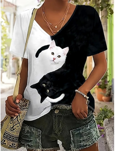  dam t-shirt basic casual färgblock katttryck kortärmade vanliga toppar v-ringad dagligen svart och vitt blå orange sommar