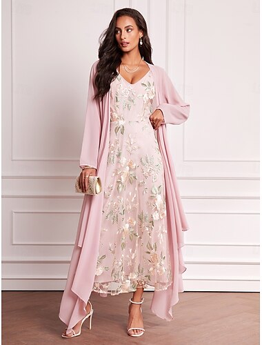  Damen Hochzeitsgast-Kleid-Set Maxikleid Chiffon bestickt Date Urlaub elegant V-Ausschnitt Langarm rosa Farbe Frühling Sommer Herbst