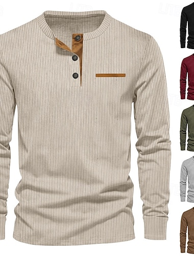  Herren T-Shirt mit Knöpfen T Shirt Cordhemd Henley Hemd Langarm Henley Frühling & Herbst Einfach Mode Designer Basic Urlaub Straße Ausgehen Schwarz Wein Braun Top T-Shirt für Herren
