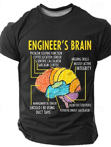  Herren lustiges Ingenieur Gehirn-Diagramm Grafik-T-Shirt - Humorvolles Ingenieur-Arbeits-T-Shirt Geschenk