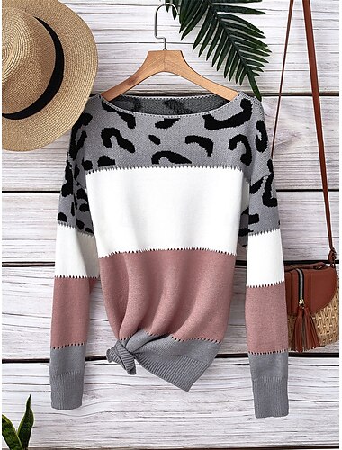  Mujer Pulóveres Suéter de punto Suéter informal Casual Suave Leopardo A Rayas Estriado Escote en Pico De Punto Manga Larga Tops regulares Tejer Exterior Diario Fin de semana Rosa Otoño Invierno