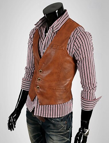  Per uomo Gilet Gilet in pelle Giornaliero Appuntamento Da mare Di tendenza Informale Primavera & Autunno Pulsante Tasche Poliestere Comodo Liscio Monopetto - 1 bottone A V Standard Nero Marrone Gilet