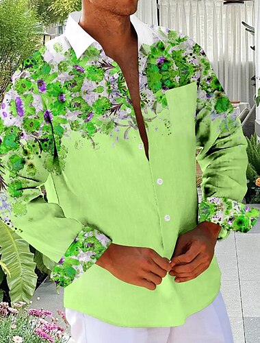  Herren Blumen Strandhemd Knopfhemd Langarm Hawaiianisch Urlaub Täglich Herbst Winter Frühling Sommer Hemden mit Kragen 3D-Druck Blau Fuchsie Grün