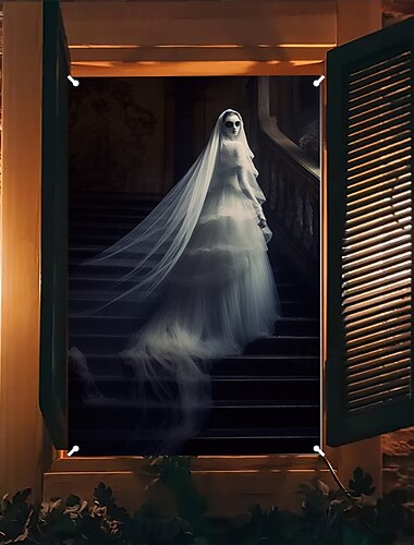  Halloween-Fensterverkleidung, Stoffvorhang mit Geisterbraut, gruseliger Halloween-Vorhang, Horrorfilm-Poster, Fenster-/Türverkleidung, Deko für Spukhaus, gruselige Halloween-Fensteraufkleber für