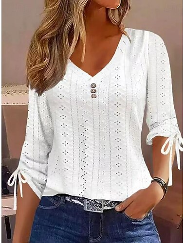  Damen Weiße Elegante Spitzen Tops Loch Bluse Stylisch Modern Einfarbige Knöpfe Loch 3/4 Länge Ärmel V-Ausschnitt Täglich Romantische Petite Tops Sommer Urlaub Trag Weiß Rosa Lila Grün Sommer Frühling