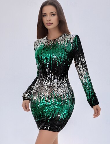  Etui-Homecoming-Kleider, Partykleid, Homecoming-Abschlussballkleid, kurz/mini, lange Ärmel, Rundhalsausschnitt, Pailletten, mit Pailletten besetztes Kleid zum Beeindrucken 2025
