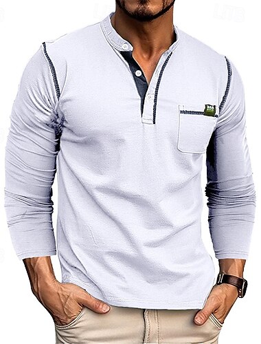  Homens Camiseta Botão Camiseta Camisa Henley Camisetas Manga Longa Henley Primavera & Outono Bloco de cor Moda Designer Básico Patchwork Férias Rua Para Noite Preto Branco Vinho Top Tee para Homens