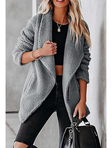  Damen Fleecejacke Teddy-Mantel warm halten Atmungsaktiv Zip Tasche Brautkleider schlicht Streetstyle Glatt Urlaub Strasse Freizeitskleidung Ausgehen Reisverschluss Umlegekragen Lockere Passform