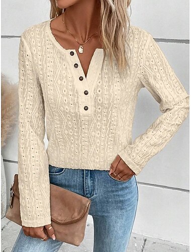  Damen Tunika elegant lässig Spitze Langarm normal Tops Alltag schwarz weiß beige Frühling Herbst