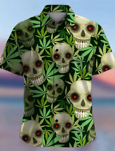  Teschi Hawaiano Informale Per uomo Camicia con bottoni Manica corta Da sera Giornaliero Da mare Estate Camicie con colletto Abbottonare Stampa 3D Sottile Verde Poliestere