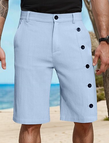  Homens Calção Shorts de linho Shorts de verão Bolsos Botão Lateral Perna reta Côr Sólida Conforto Respirável Comprimento do joelho Casual Diário Férias Moda Branco Verde Sem Elasticidade