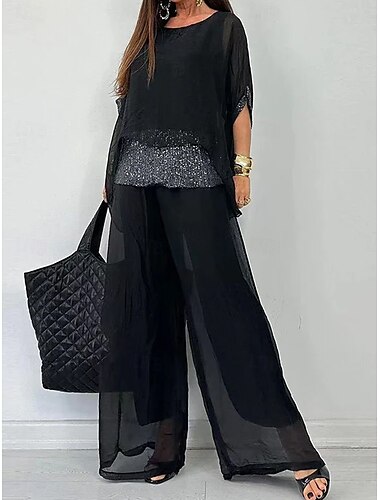  Femme Elégant Mode Chemisier Pantalon Manches 3/4 Col Rond Couleur unie Paillettes Maille Travail du quotidien Noir Violet Marron Eté Ample