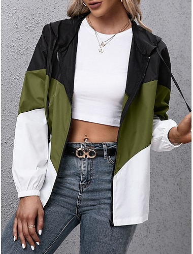  Damen Kapuzenjacke Alltagskleidung Patchwork Mehrfarbig Windundurchlässig Vintage Lockere Passform Oberbekleidung Langarm Sommer Weinrot S