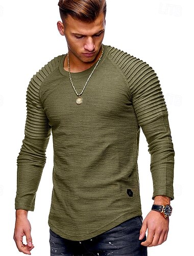  Herre T-shirt T-Shirts Tee Top Lang ærmet skjorte Langærmet Rund hals Forår & Vinter Vanlig Slank Plisseret Mode Designer Basale Patchwork Ferierejse Gade I-byen-tøj Sort Hvid militærgrøn Top T-shirt
