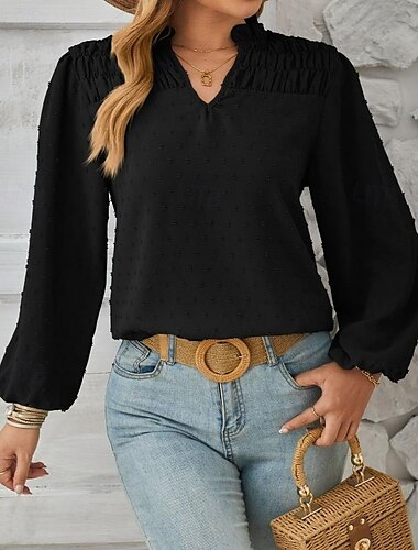  Damenbluse elegant Vintage stylisch gepunktet gerüscht Langarm V-Ausschnitt Arbeit Alltag schwarz weiß blau khaki Frühling Herbst Winter