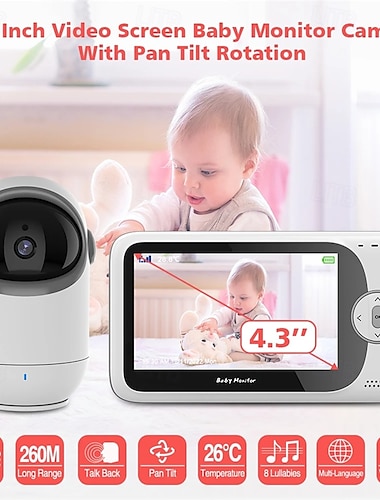  Monitor de video para bebés de 4,3 pulgadas con cámara panorámica e inclinable, cámara de seguridad con visión nocturna y audio bidireccional inalámbrico de 2,4 G para niñera
