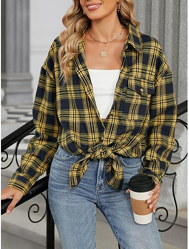  Damen Bluse Geometrisch Brautkleider schlicht Langarm Hemdkragen Täglich Patchwork Gelb Rote Braun Grün Sommer Frühling Herbst