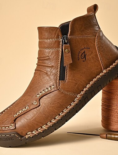  Botines elegantes de piel sintética marrón con cremallera para hombre: calzado resistente para exteriores con detalles hechos a mano