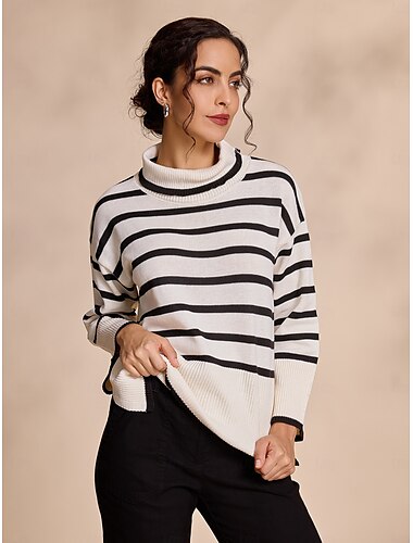  Femme Pull Chandail Col Roulé A côtes Tricoter Mélange de Laine Cloche Automne hiver Casual Quotidien Casual Quotidien manche longue marinière Blanche S M L