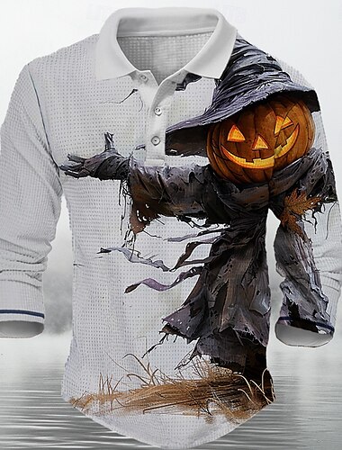  Halloween Kürbis Herren Waffel-Poloshirt Poloshirt Langarm Partyabend Urlaub Frühling Herbst Winter Taste Kragen Orange Mikro-elastisch Polyester