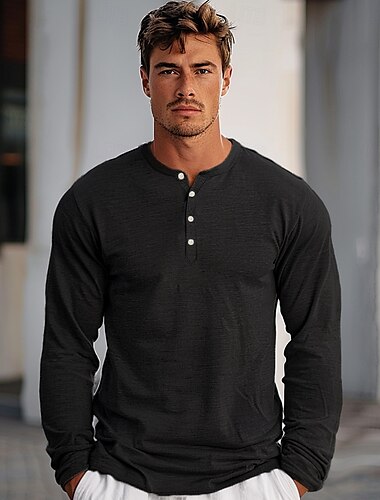  Herren T Shirt Langarm Henley Herbst Einfarbig Täglich Sport & Outdoor Knöpfe Rundhalsausschnitt Outdoor Geschenk Lässig Schwarz Grau Top T-Shirt für Herren