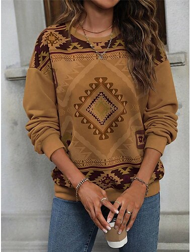 Sweatshirt für Damen, Tribal, Street, Alltagskleidung, Print, Vintage, Ethno, lässig, Rundhalsausschnitt, lange Ärmel, mikroelastisch, Herbst/Winter, bequem, atmungsaktiv, weicher Stoff