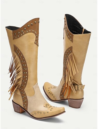  Damen-Western-Cowboystiefel in Hellbraun mit Fransen und Nietendetails, kniehohe Vintage-Stiefel für Rodeo- und Country-Outfits