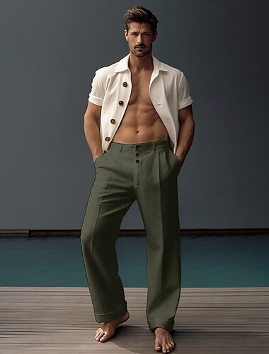  40 % Leinen Herren Leinenhose Hose Hosen Sommerhosen Taste Tasche Gerade geschnitten Glatt Atmungsaktiv Komfortabel Büro / Geschäftlich Täglich Urlaub Klassisch Brautkleider schlicht Schwarz Weiß
