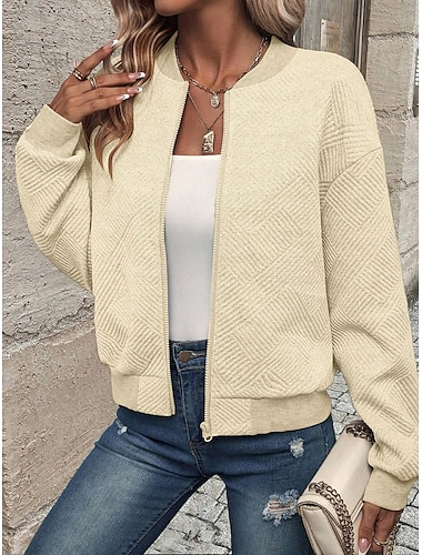  Damen Freizeitjacke Täglich Frühling Herbst Winter Standard Mantel V Ausschnitt Regular Fit Brautkleider schlicht Jacken Langarm nicht druckbar Feste Farbe Glatt Einstellbar Rosa Grün Beige