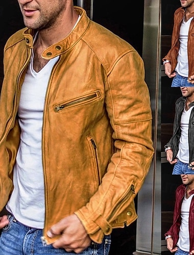  Voor heren Jas van imitatieleer Overgangsjack Bikerjack Vintage leren jas Vakantie Dagelijks Winddicht Houd Warm Zak Herfst winter Effen Modieus Klassiek Opstaand Normaal Imitatieleer Zwart Geel Rood