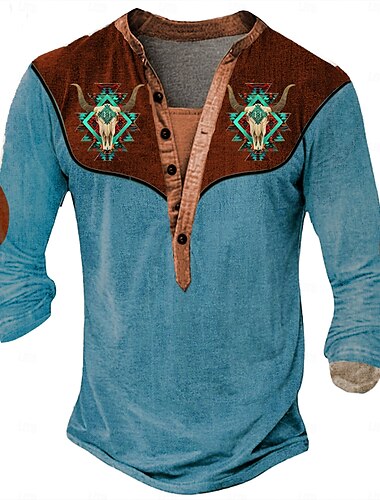  Ανδρικά Φυλής Cowboy Μπλουζάκι Πουκάμισο Henley Μακρυμάνικο 3D εκτύπωση Υψηλής Ποιότητας Ρετρό / Βίντατζ δυτικό στυλ Δρόμος Causal Καθημερινά Καλοκαίρι Άνοιξη Φθινόπωρο Ανοικτό Καφέ Θαλασσί Καφέ Χένλι