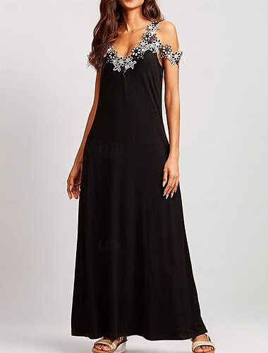  Femme Noir Eté Printemps robe longue Robe Maxi robe noire Robe casual Robe Trapèze Décontractées Extérieur Vacances du quotidien Standard Floral Plein A Bretelles Col V