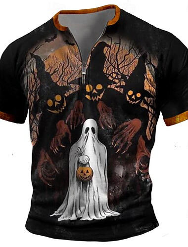  Zucca BOO Retrò vintage Per uomo Stampa 3D maglietta Strada Informale Giornaliero Halloween maglietta Nero Manica corta mezza cerniera Camicia Estate Primavera Abbigliamento S M L XL XXL XXXL