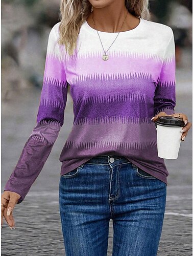  Damen T-Shirt lässig Farbblockdruck Langarm normale Oberteile Rundhalsausschnitt Alltag blau lila braun Frühling Herbst