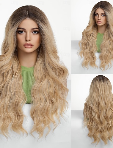  Синтетический парик шнурка Естественные кудри Стиль 26 дюймовый Блондинка Средняя часть U-образный Парик Жен. Парик Золотой коричневый с блондинистыми прядками