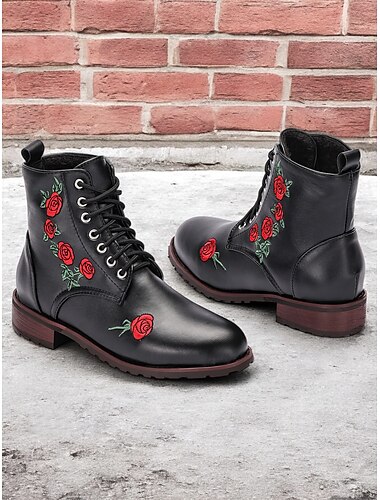  Botines negros con bordado de rosas para mujer: calzado moderno y cómodo para uso diario, fiestas y actividades al aire libre.