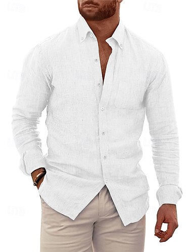 Voor heren Overhemd linnen overhemd Zomer overhemd Strand Kleding Overhemd met knopen Effen Casual Dagelijks Zwart Wit blauw Khaki Lange mouw Buttondown boord Lente zomer Kleding