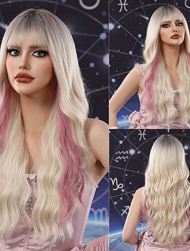  Synthetische Perücken Uniformen Karriere Kostüme Prinzessin Locken Wellen Mittelteil Stufenhaarschnitt Maschinell gefertigt Perücke 24 Zoll Gold Pink Synthetische Haare Damen Cosplay Party Modisch