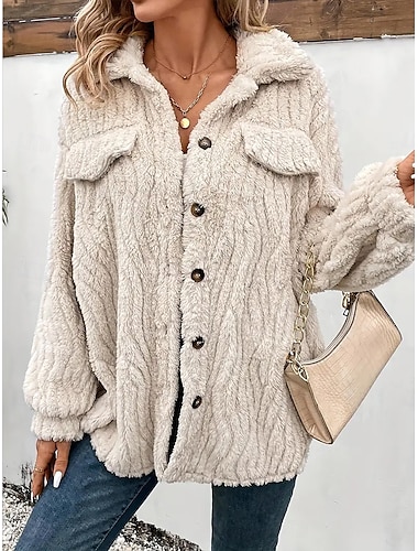  Γυναικεία Μπουφάν fleece Παλτό γούνα Διατηρείτε Ζεστό Αναπνέει Κουμπιά Τσέπη Καθημερινό Σκέτο Διακοπές Δρόμος Καθημερινά Ρούχα Εξόδου Ζακέτα Απορρίπτω Κανονικό Μακρυμάνικο Εξωτερικά ενδύματα Σομόν