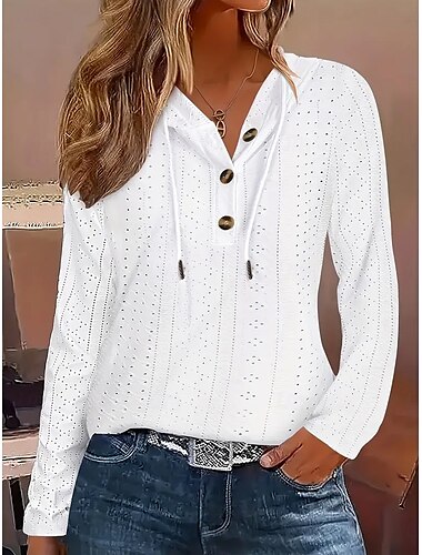  Damen Pullover elegant lässig lässig mit Kapuze Knöpfe Langarm weiß Frühling Herbst
