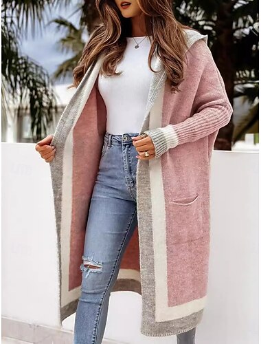  Mujer Chaqueta suéter Suéter informal Casual Suave Bloque de color Cuello Barco Bolsillo Con Capucha Manga Larga Tops largos Tejer Exterior Diario Fin de semana Rosa Fucsia Otoño Invierno