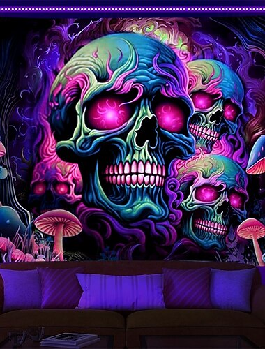  blacklight ταπετσαρία uv αντιδραστική λάμψη στη σκοτεινή λάμψη κρανία πάρτι ψυχεδελικό trippy ομιχλώδες κρεμαστή ταπισερί τοίχου τοιχογραφία για κρεβατοκάμαρα σαλονιού