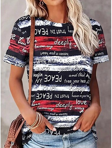  Damen T-Shirt Casual Print Kurzarm Normal Oberteile Alltag Marineblau Sommer