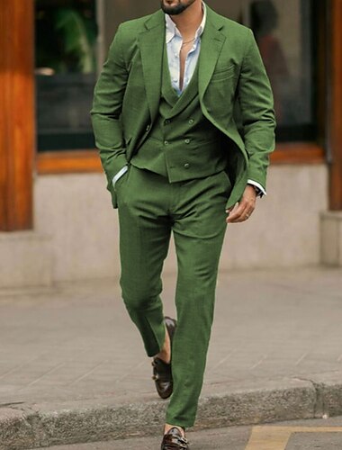  Trajes de lino para bodas de verano para hombres en verde moda casual color sólido ajuste entallado conjunto de 3 piezas de un solo botón