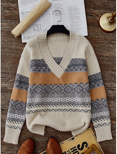  Mujer Pulóveres Suéter de punto Suéter informal Vintage Casual Suave Geométrico Estriado Escote en Pico De Punto Manga Larga Tops regulares Tejer Exterior Diario Fin de semana Caqui Otoño Invierno