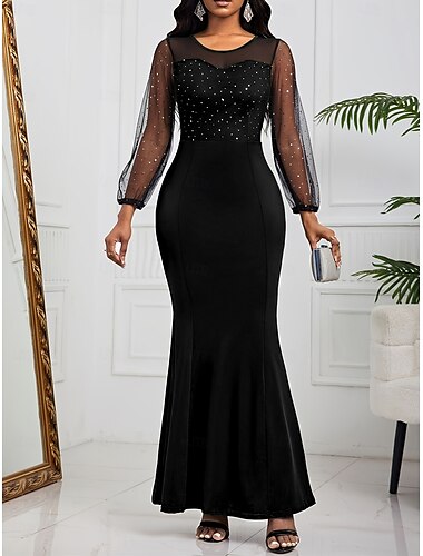  robe noire maxi vintage pour femme, couleur unie, paillettes, mode quotidienne, maille, patchwork, manches longues, col ras du cou, coupe régulière, noir, printemps, automne, s m l